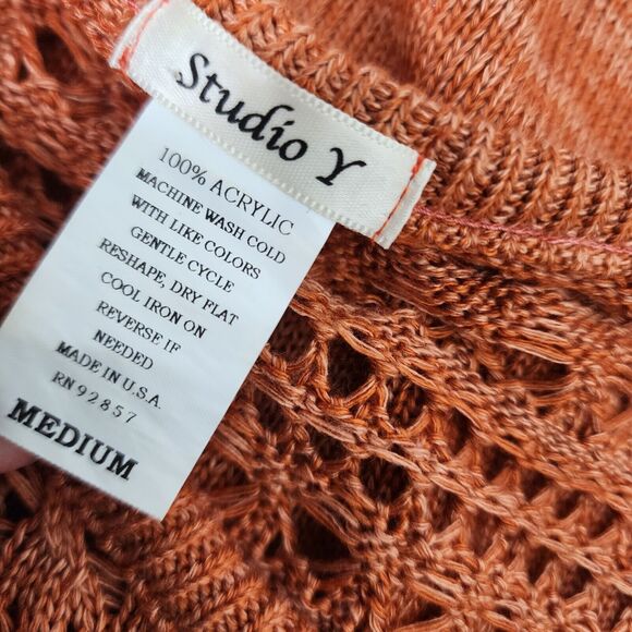 Studio Y Womens Tunic Sweater Medium Crochet Open Knit Short Sleeve Orange Scoop - Picture 6 of 6